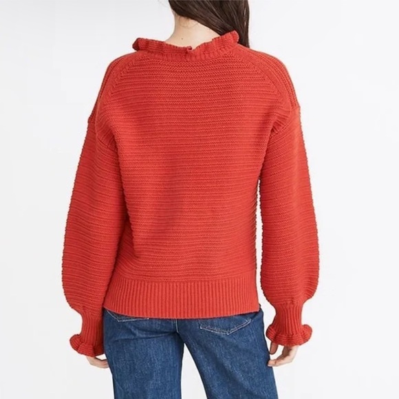 Madewell Red Ruffle Neck Ribbed Merino Wool Pullover Sweater Size Medium - Picture 2 of 6